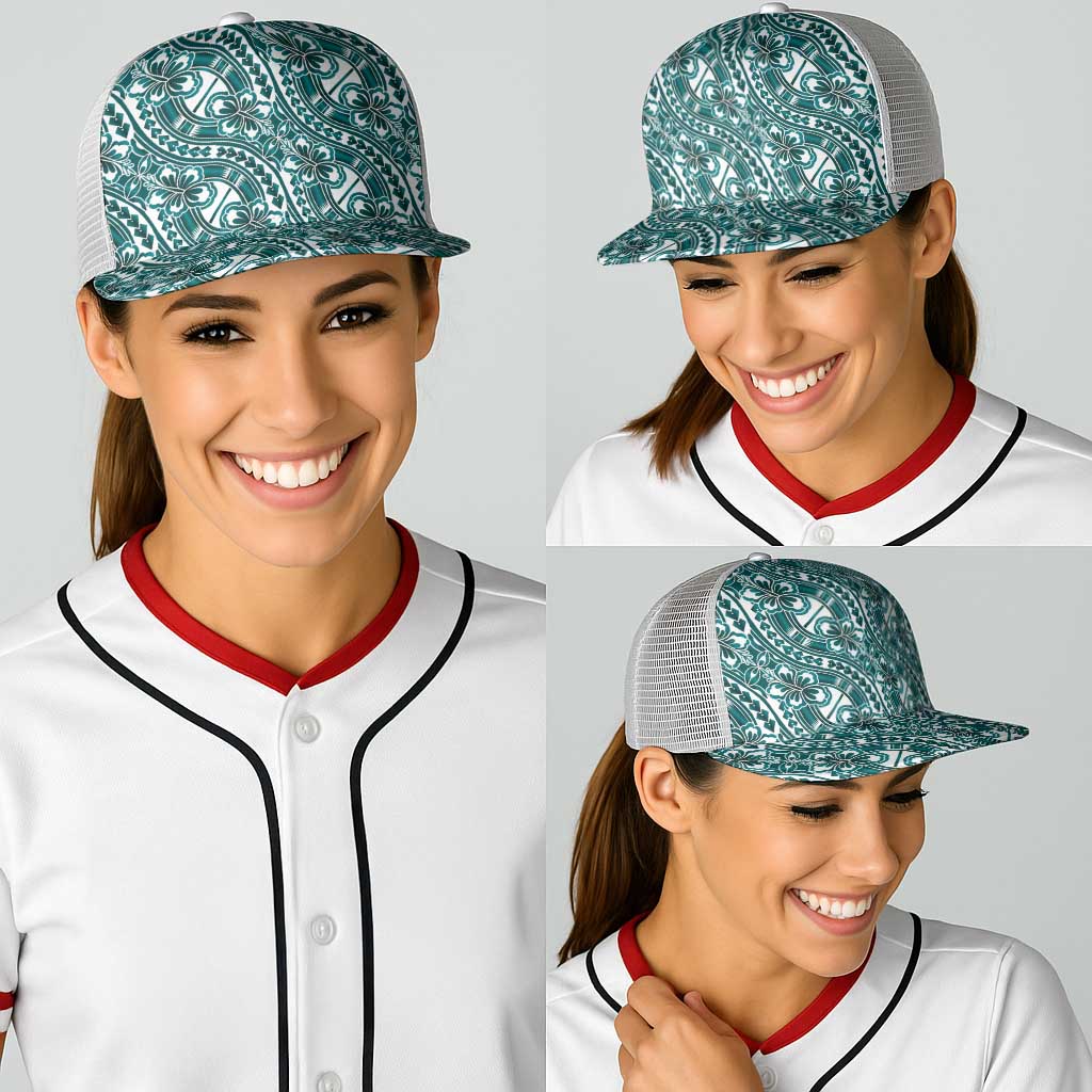 Hibiscus Bloom Island Tribal Waves Baseball Net Cap Teal Polynesian Pattern
