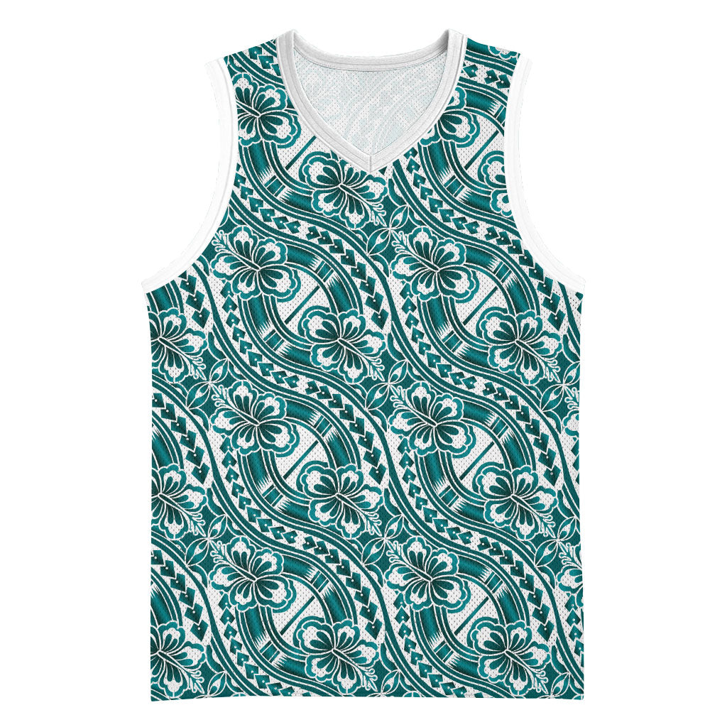Hibiscus Bloom Island Tribal Waves Basketball Jersey Teal Polynesian Pattern