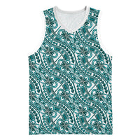 Hibiscus Bloom Island Tribal Waves Basketball Jersey Teal Polynesian Pattern