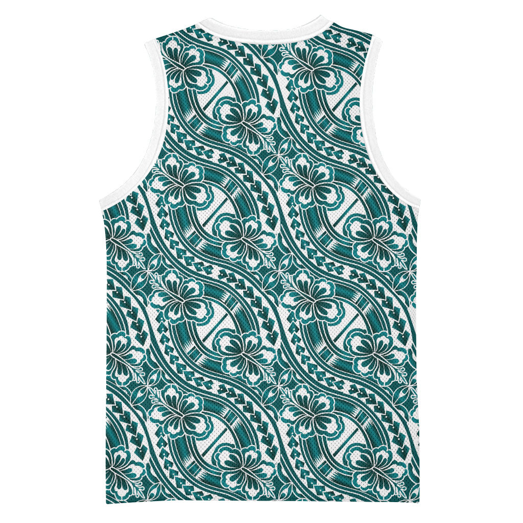 Hibiscus Bloom Island Tribal Waves Basketball Jersey Teal Polynesian Pattern