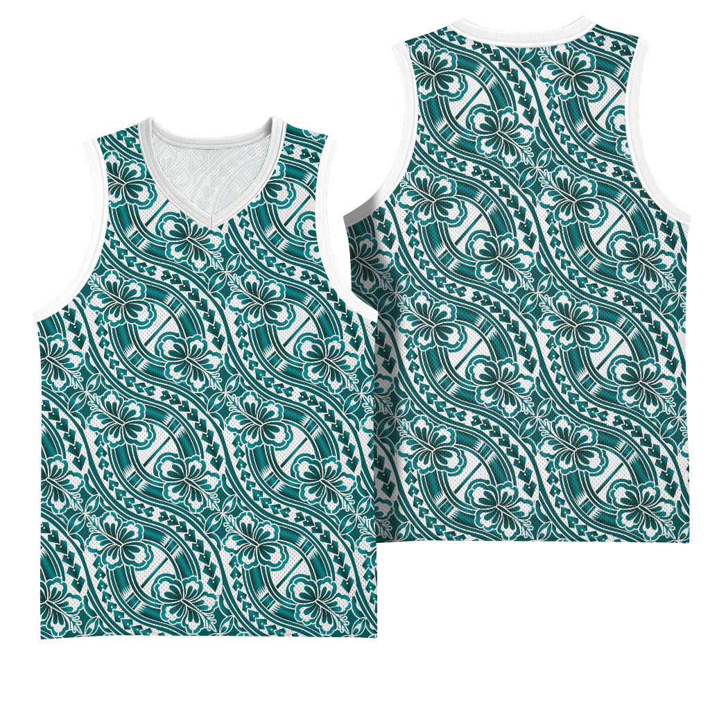 Hibiscus Bloom Island Tribal Waves Basketball Jersey Teal Polynesian Pattern