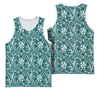 Hibiscus Bloom Island Tribal Waves Basketball Jersey Teal Polynesian Pattern