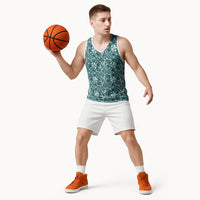 Hibiscus Bloom Island Tribal Waves Basketball Jersey Teal Polynesian Pattern