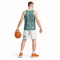 Hibiscus Bloom Island Tribal Waves Basketball Jersey Teal Polynesian Pattern