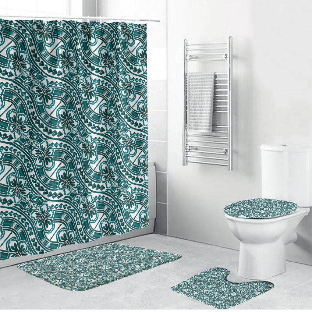 Hibiscus Bloom Island Tribal Waves Bathroom Set Teal Polynesian Pattern