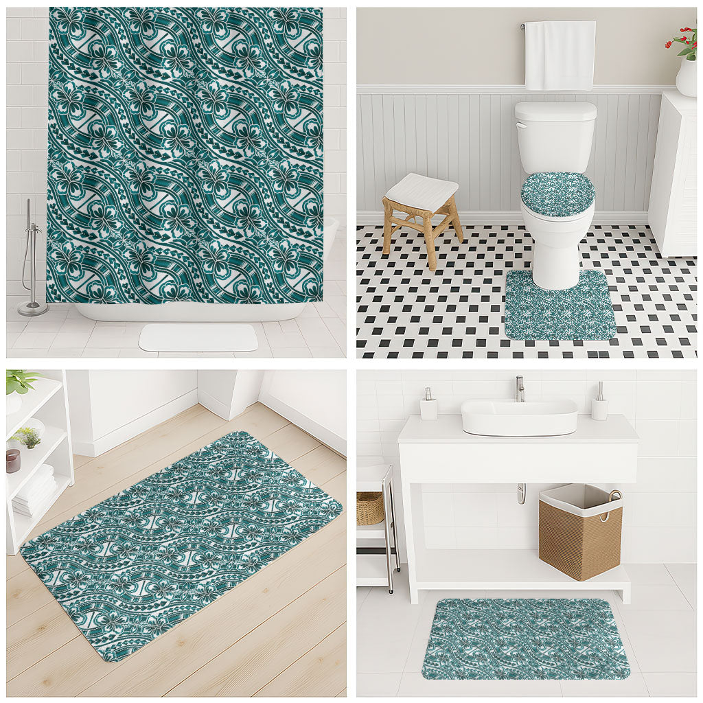 Hibiscus Bloom Island Tribal Waves Bathroom Set Teal Polynesian Pattern
