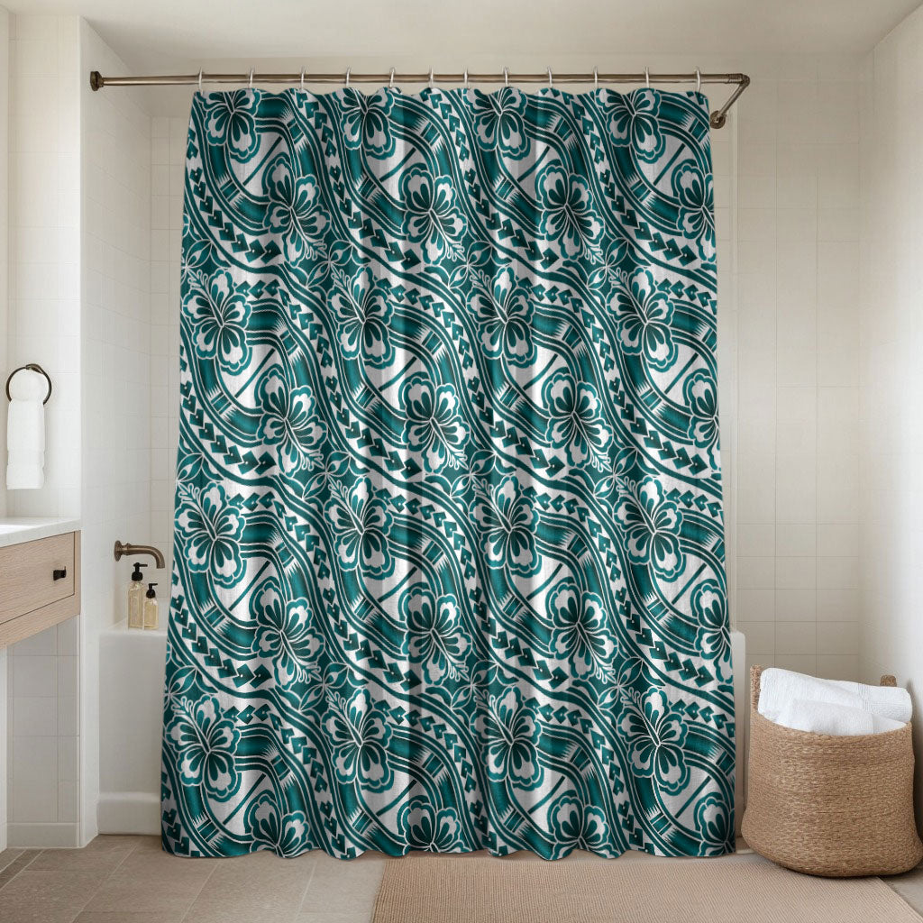 Hibiscus Bloom Island Tribal Waves Bathroom Set Teal Polynesian Pattern