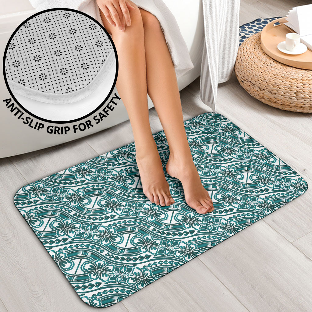 Hibiscus Bloom Island Tribal Waves Bathroom Set Teal Polynesian Pattern