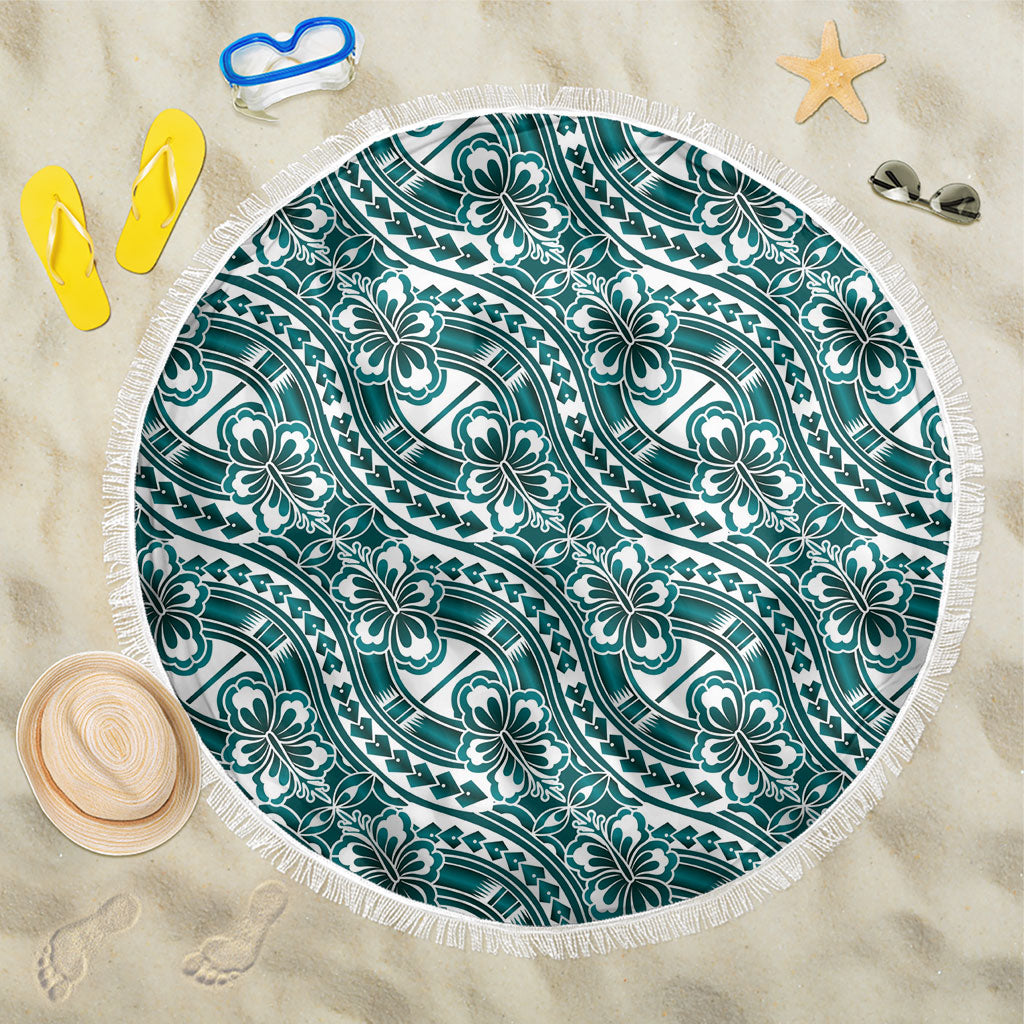 Hibiscus Bloom Island Tribal Waves Beach Blanket Teal Polynesian Pattern