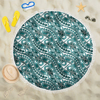Hibiscus Bloom Island Tribal Waves Beach Blanket Teal Polynesian Pattern