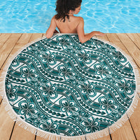 Hibiscus Bloom Island Tribal Waves Beach Blanket Teal Polynesian Pattern