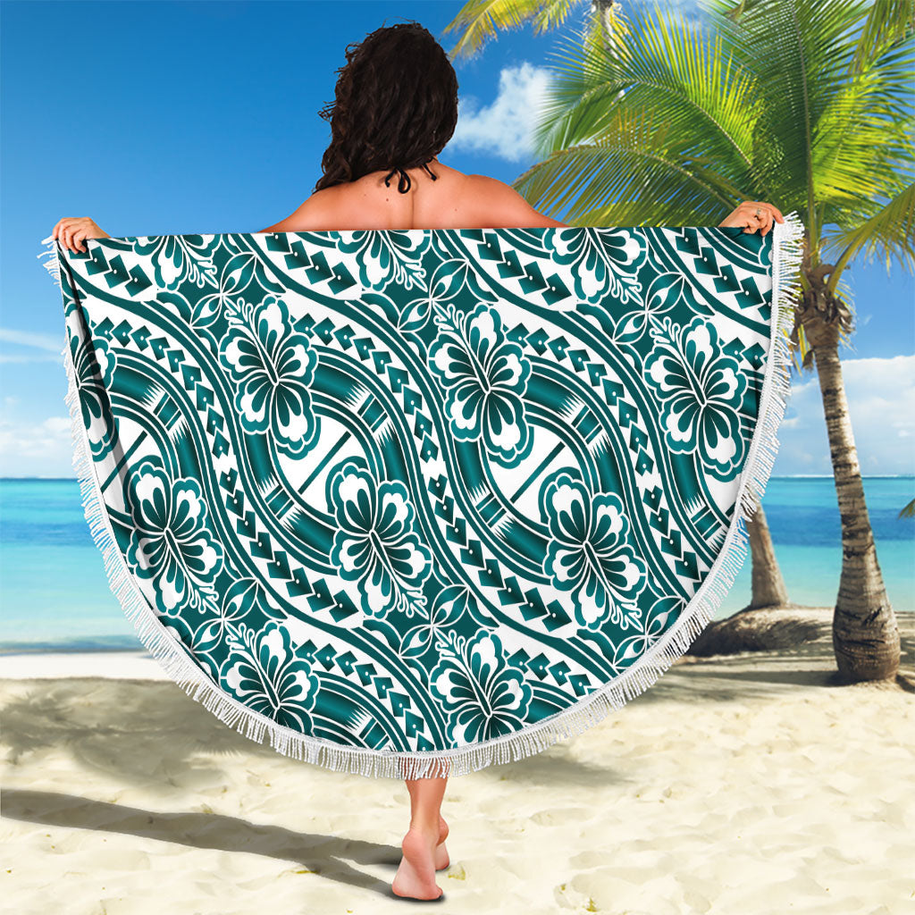 Hibiscus Bloom Island Tribal Waves Beach Blanket Teal Polynesian Pattern