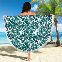 Hibiscus Bloom Island Tribal Waves Beach Blanket Teal Polynesian Pattern