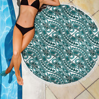 Hibiscus Bloom Island Tribal Waves Beach Blanket Teal Polynesian Pattern