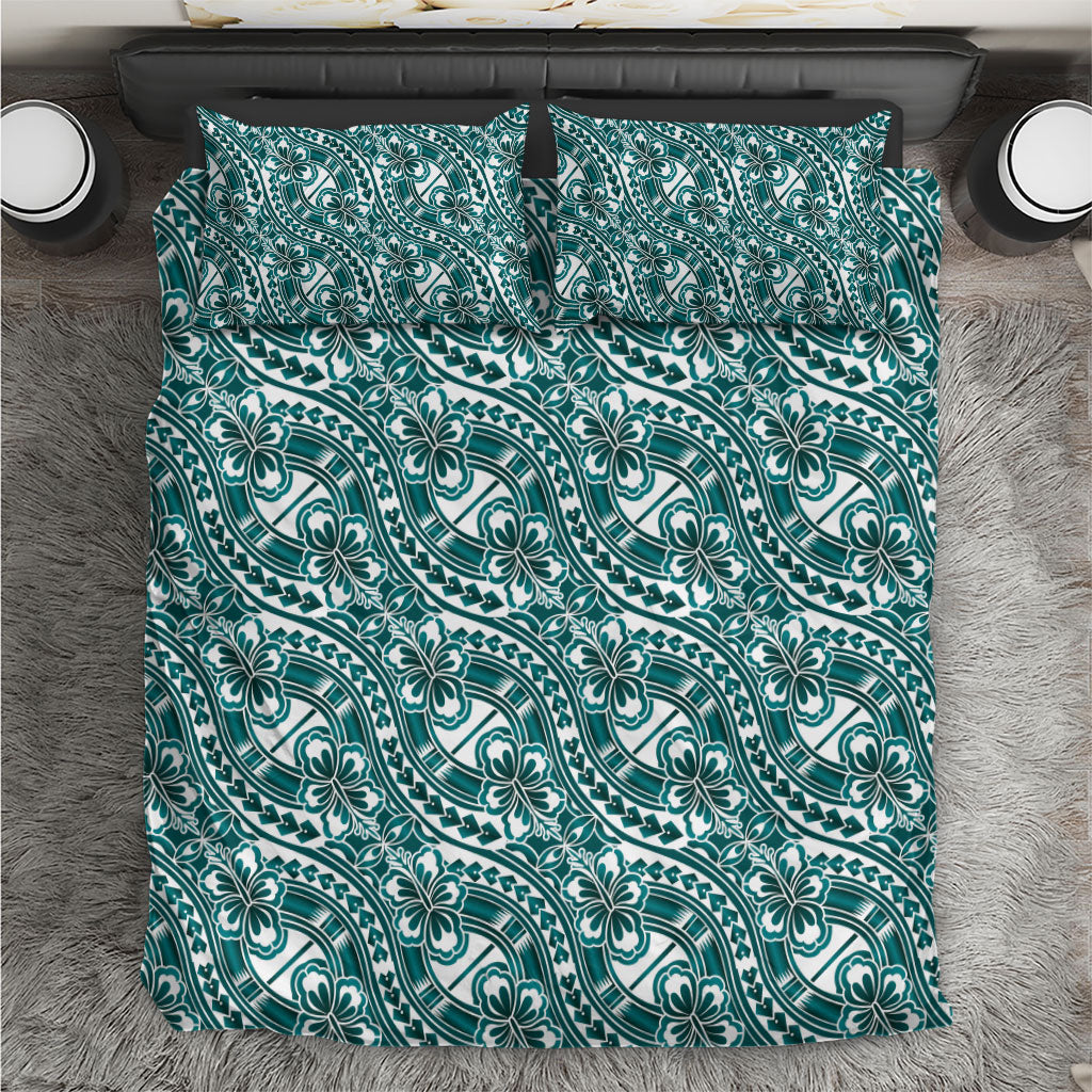 Hibiscus Bloom Island Tribal Waves Bedding Set Teal Polynesian Pattern