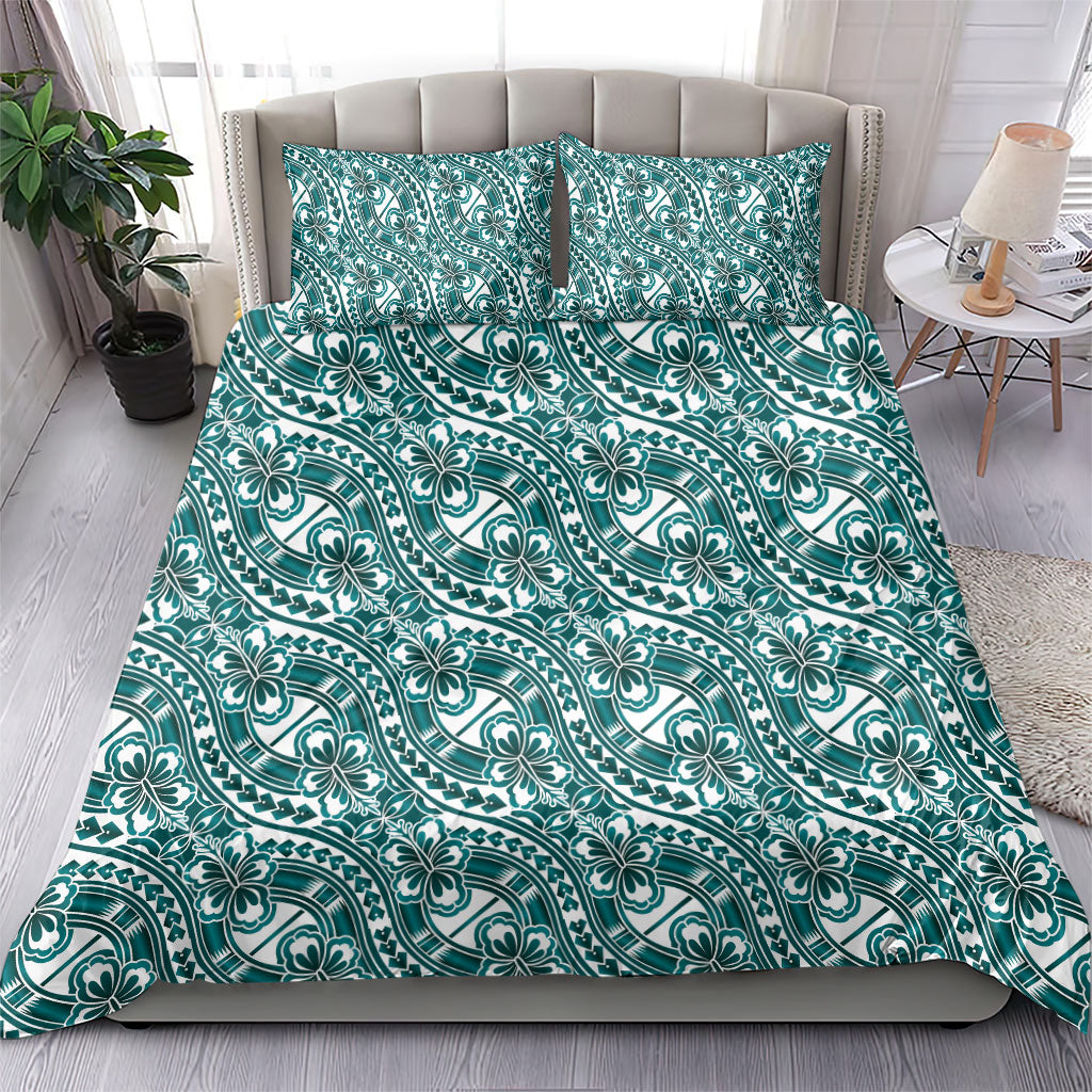 Hibiscus Bloom Island Tribal Waves Bedding Set Teal Polynesian Pattern