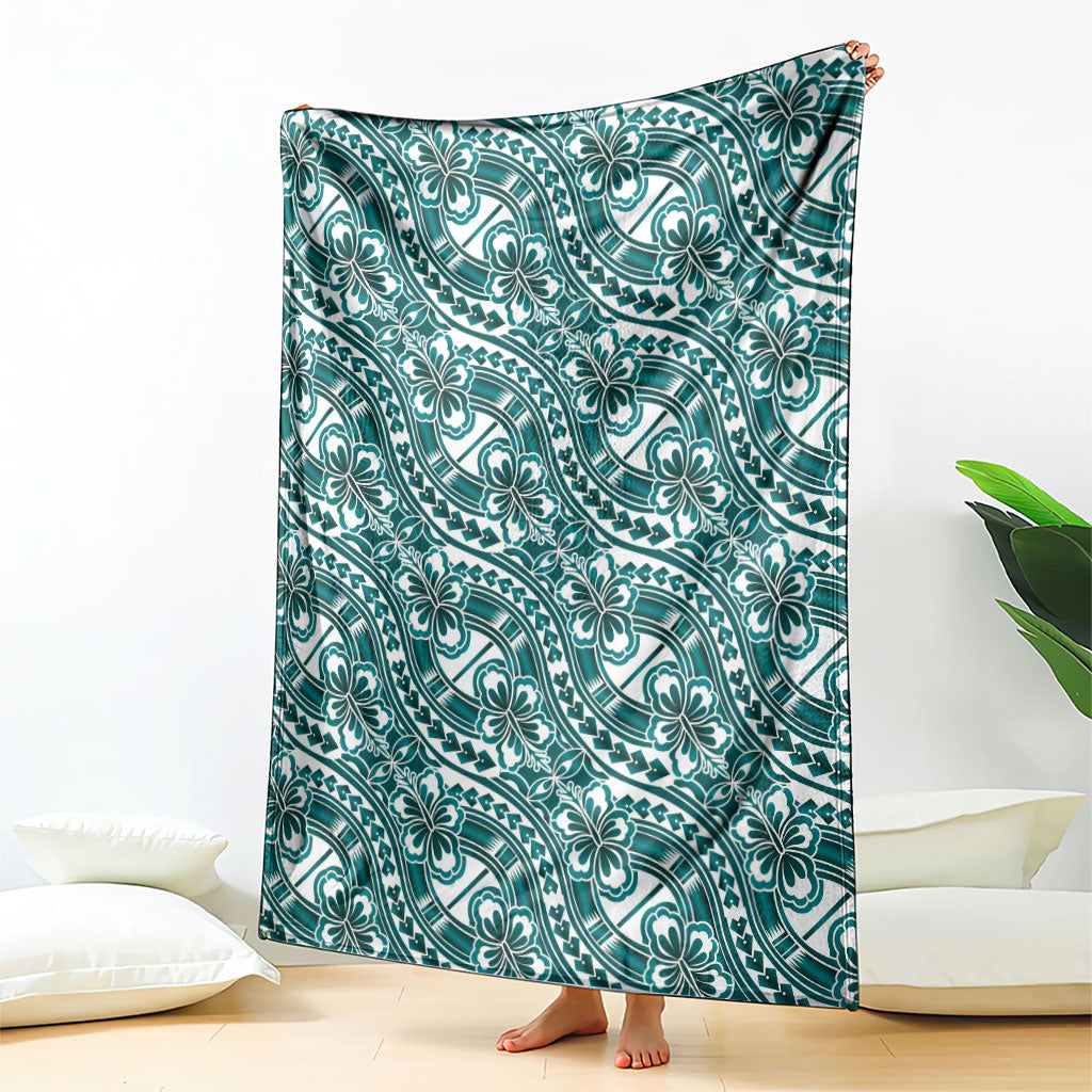 Hibiscus Bloom Island Tribal Waves Blanket Teal Polynesian Pattern