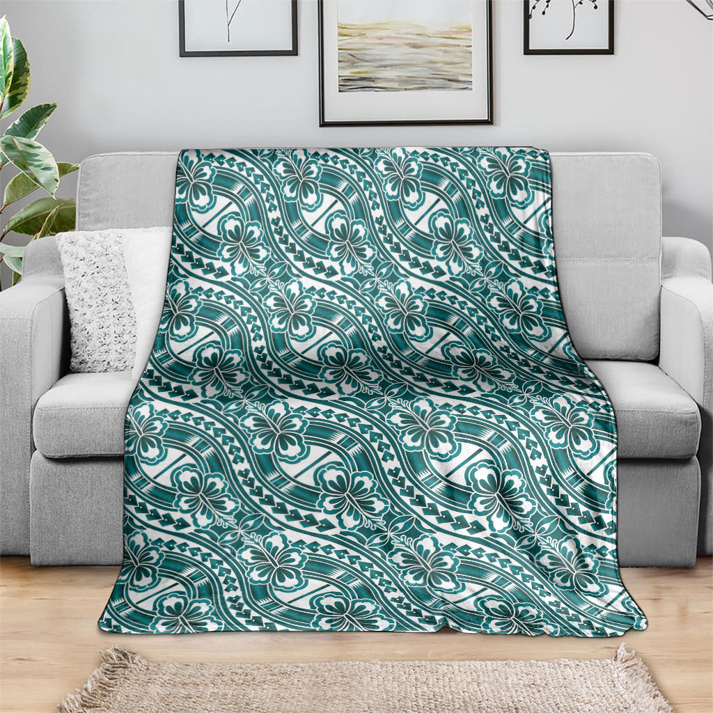Hibiscus Bloom Island Tribal Waves Blanket Teal Polynesian Pattern
