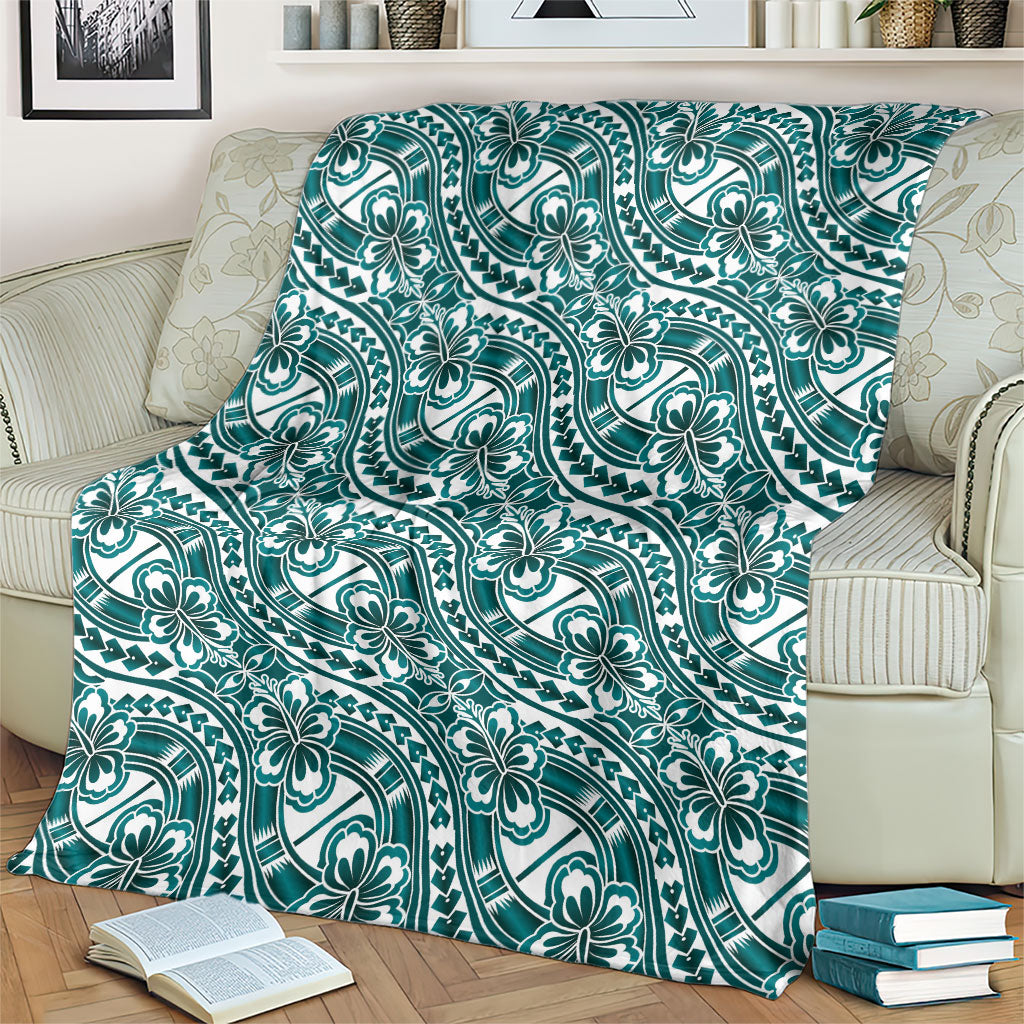 Hibiscus Bloom Island Tribal Waves Blanket Teal Polynesian Pattern