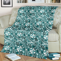 Hibiscus Bloom Island Tribal Waves Blanket Teal Polynesian Pattern