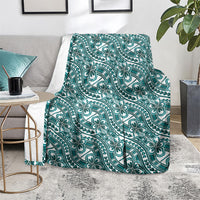 Hibiscus Bloom Island Tribal Waves Blanket Teal Polynesian Pattern