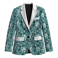 Hibiscus Bloom Island Tribal Waves Blazer Teal Polynesian Pattern