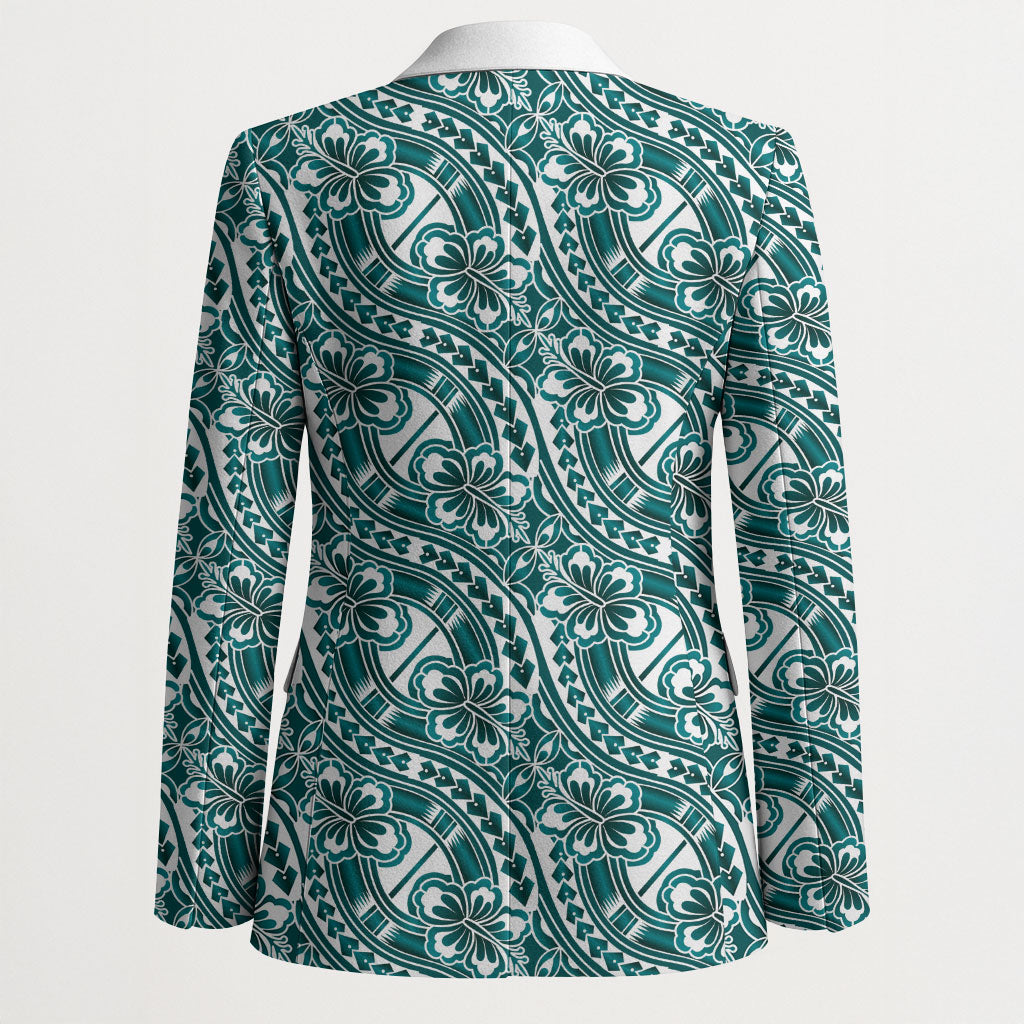 Hibiscus Bloom Island Tribal Waves Blazer Teal Polynesian Pattern