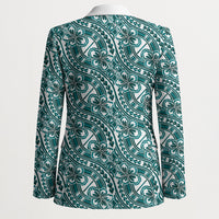 Hibiscus Bloom Island Tribal Waves Blazer Teal Polynesian Pattern