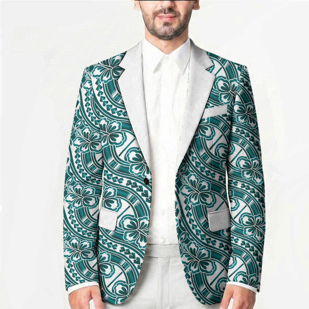 Hibiscus Bloom Island Tribal Waves Blazer Teal Polynesian Pattern