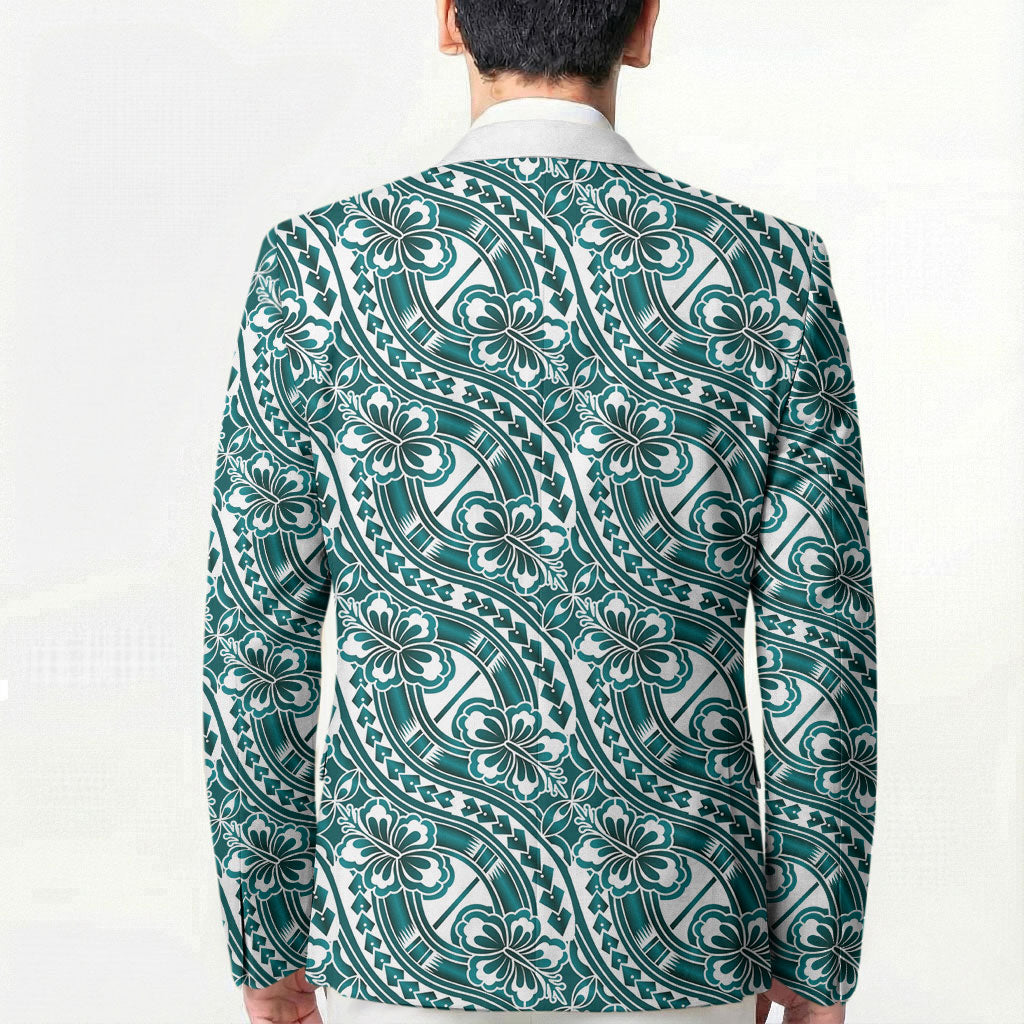 Hibiscus Bloom Island Tribal Waves Blazer Teal Polynesian Pattern