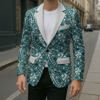 Hibiscus Bloom Island Tribal Waves Blazer Teal Polynesian Pattern