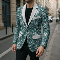 Hibiscus Bloom Island Tribal Waves Blazer Teal Polynesian Pattern