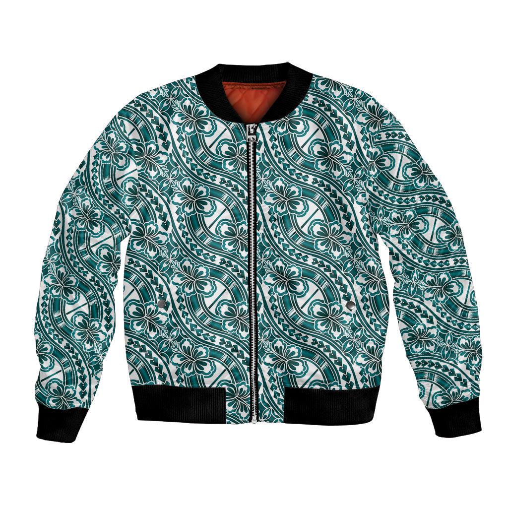 Hibiscus Bloom Island Tribal Waves Bomber Jacket Teal Polynesian Pattern