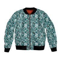 Hibiscus Bloom Island Tribal Waves Bomber Jacket Teal Polynesian Pattern