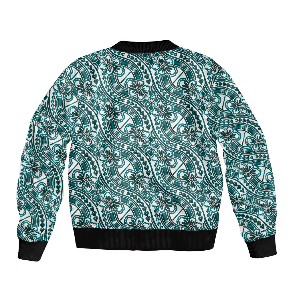 Hibiscus Bloom Island Tribal Waves Bomber Jacket Teal Polynesian Pattern