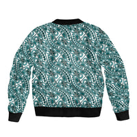 Hibiscus Bloom Island Tribal Waves Bomber Jacket Teal Polynesian Pattern