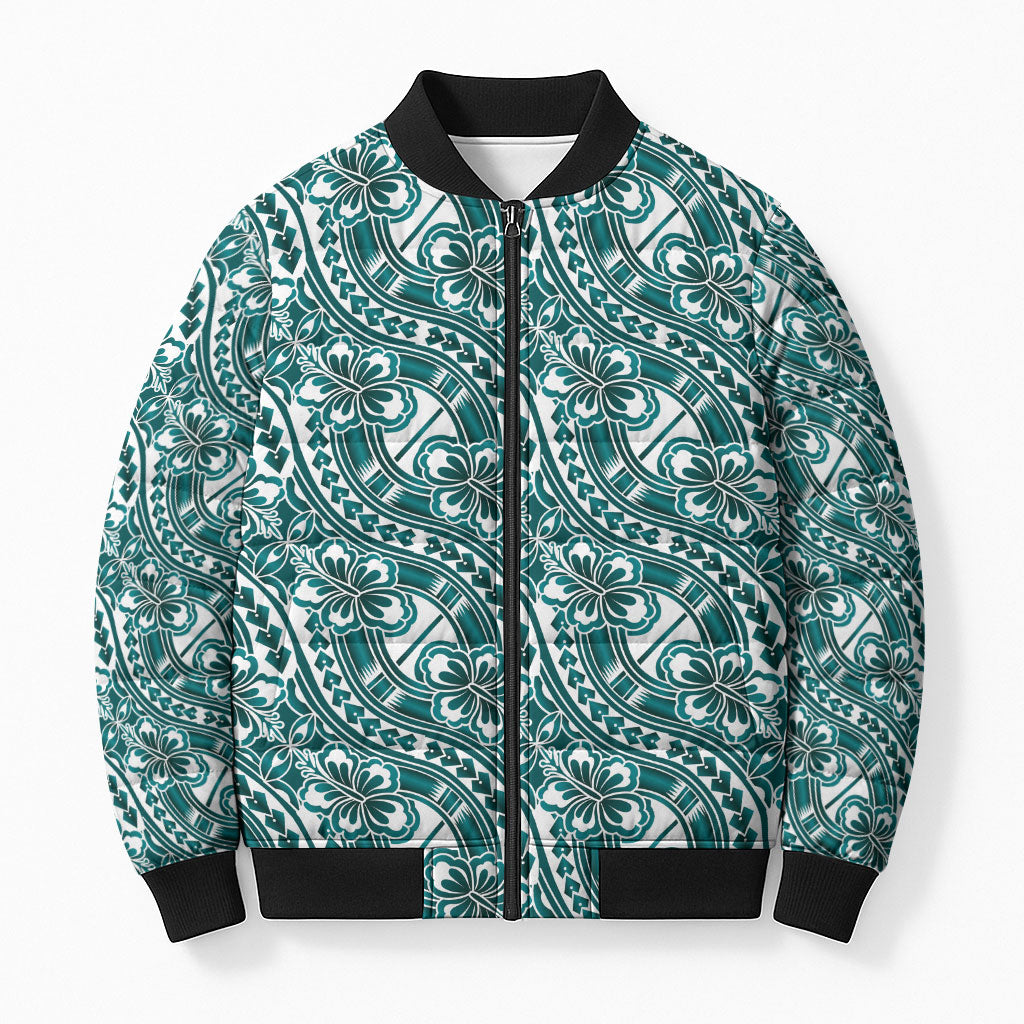 Hibiscus Bloom Island Tribal Waves Bomber Puffer Jacket Teal Polynesian Pattern