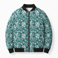 Hibiscus Bloom Island Tribal Waves Bomber Puffer Jacket Teal Polynesian Pattern