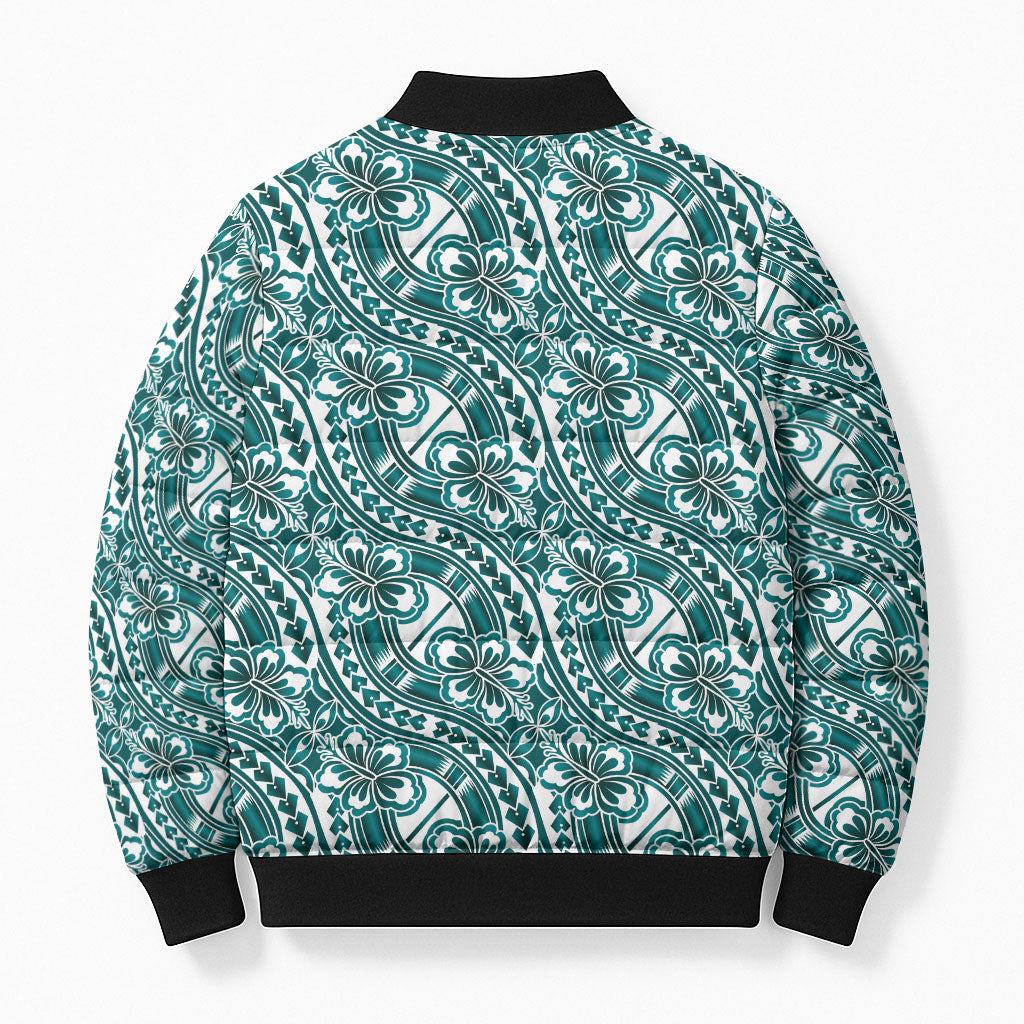Hibiscus Bloom Island Tribal Waves Bomber Puffer Jacket Teal Polynesian Pattern
