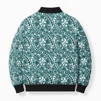 Hibiscus Bloom Island Tribal Waves Bomber Puffer Jacket Teal Polynesian Pattern