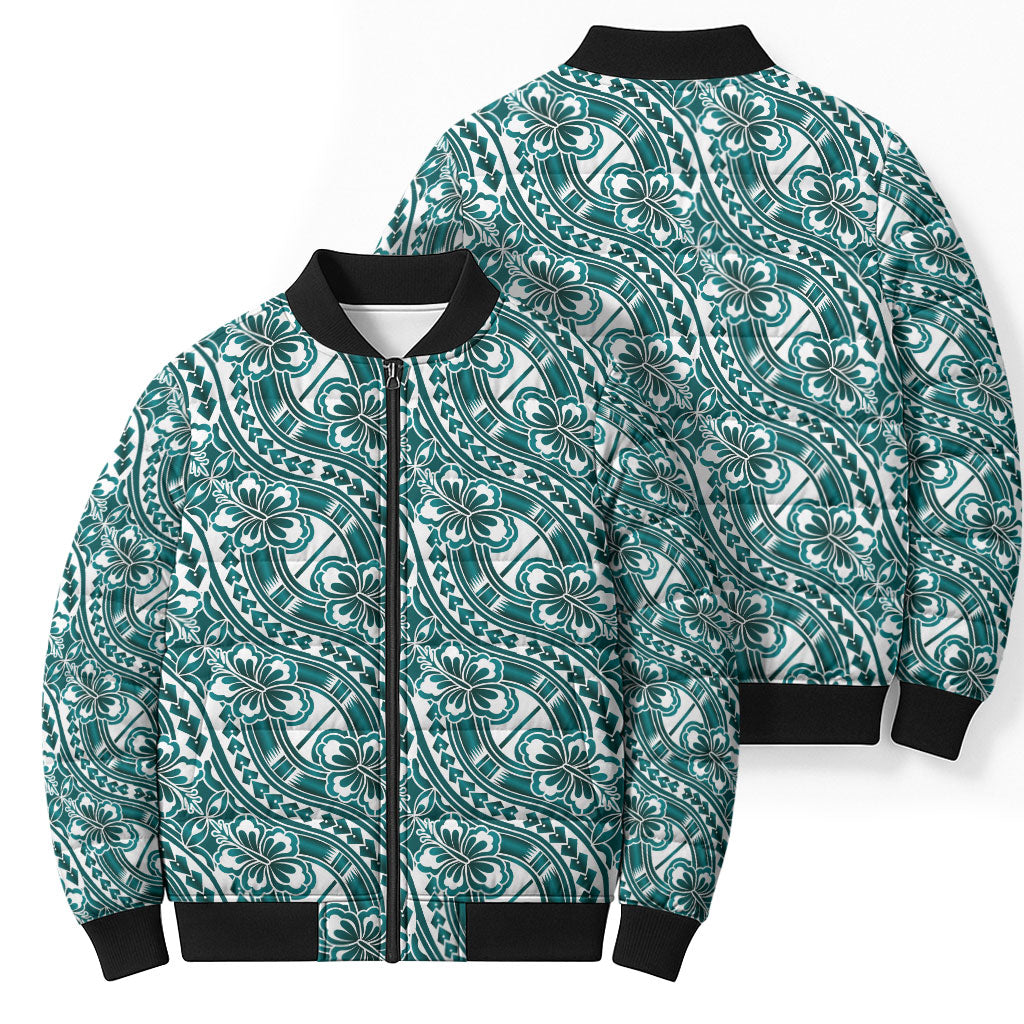 Hibiscus Bloom Island Tribal Waves Bomber Puffer Jacket Teal Polynesian Pattern