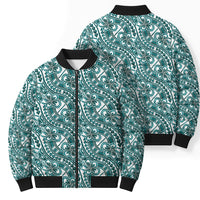 Hibiscus Bloom Island Tribal Waves Bomber Puffer Jacket Teal Polynesian Pattern