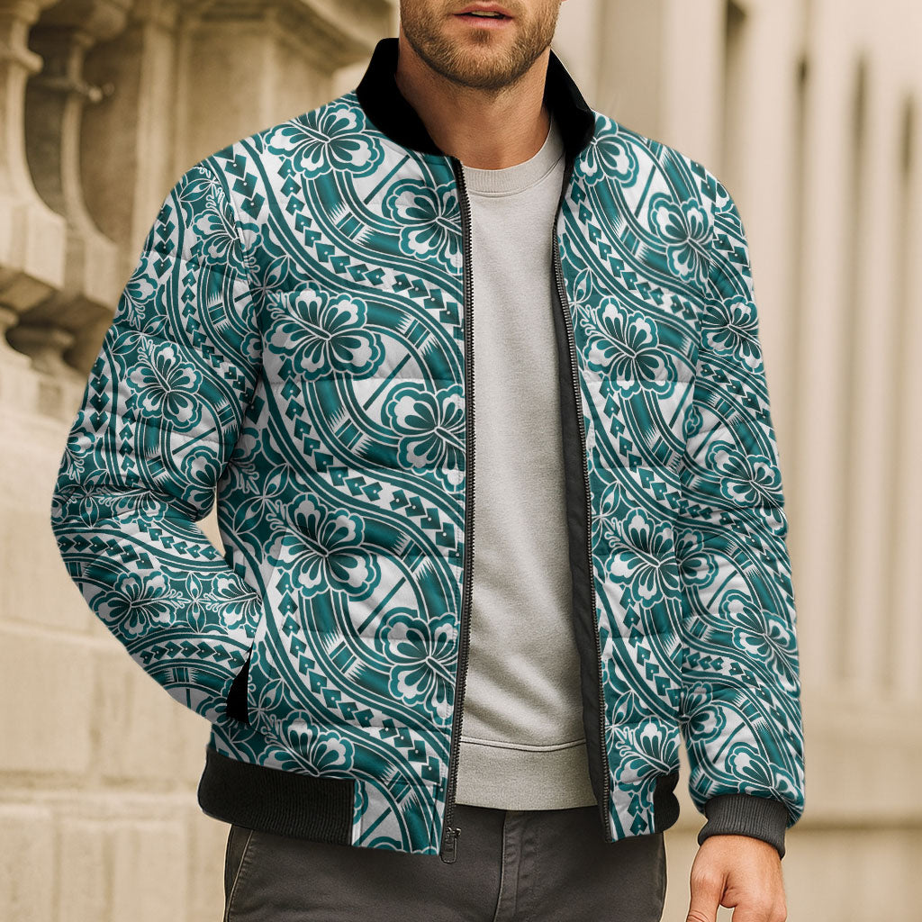 Hibiscus Bloom Island Tribal Waves Bomber Puffer Jacket Teal Polynesian Pattern