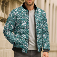 Hibiscus Bloom Island Tribal Waves Bomber Puffer Jacket Teal Polynesian Pattern