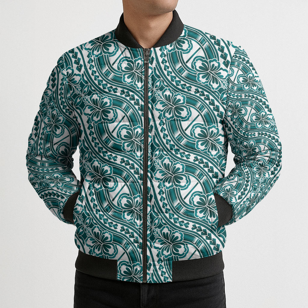 Hibiscus Bloom Island Tribal Waves Bomber Puffer Jacket Teal Polynesian Pattern