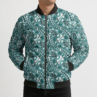 Hibiscus Bloom Island Tribal Waves Bomber Puffer Jacket Teal Polynesian Pattern
