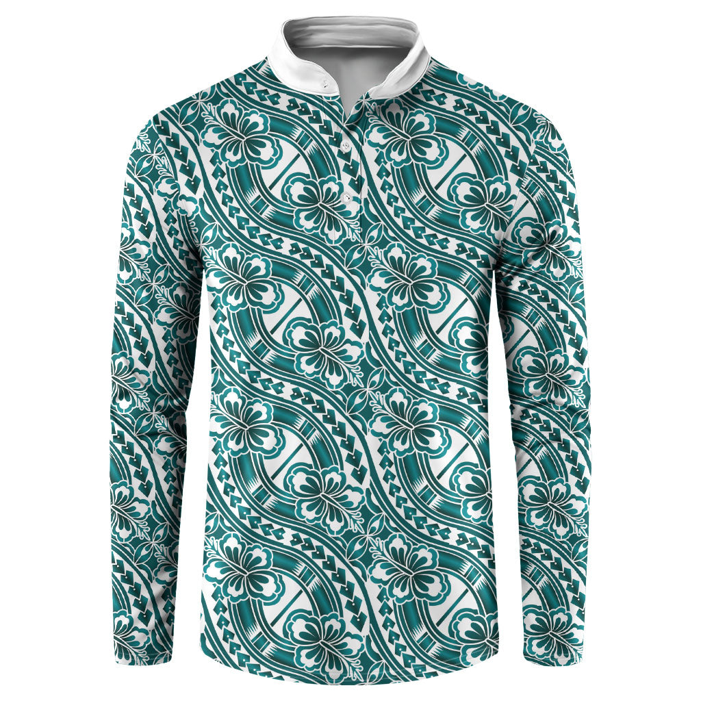 Hibiscus Bloom Island Tribal Waves Button Sweatshirt Teal Polynesian Pattern