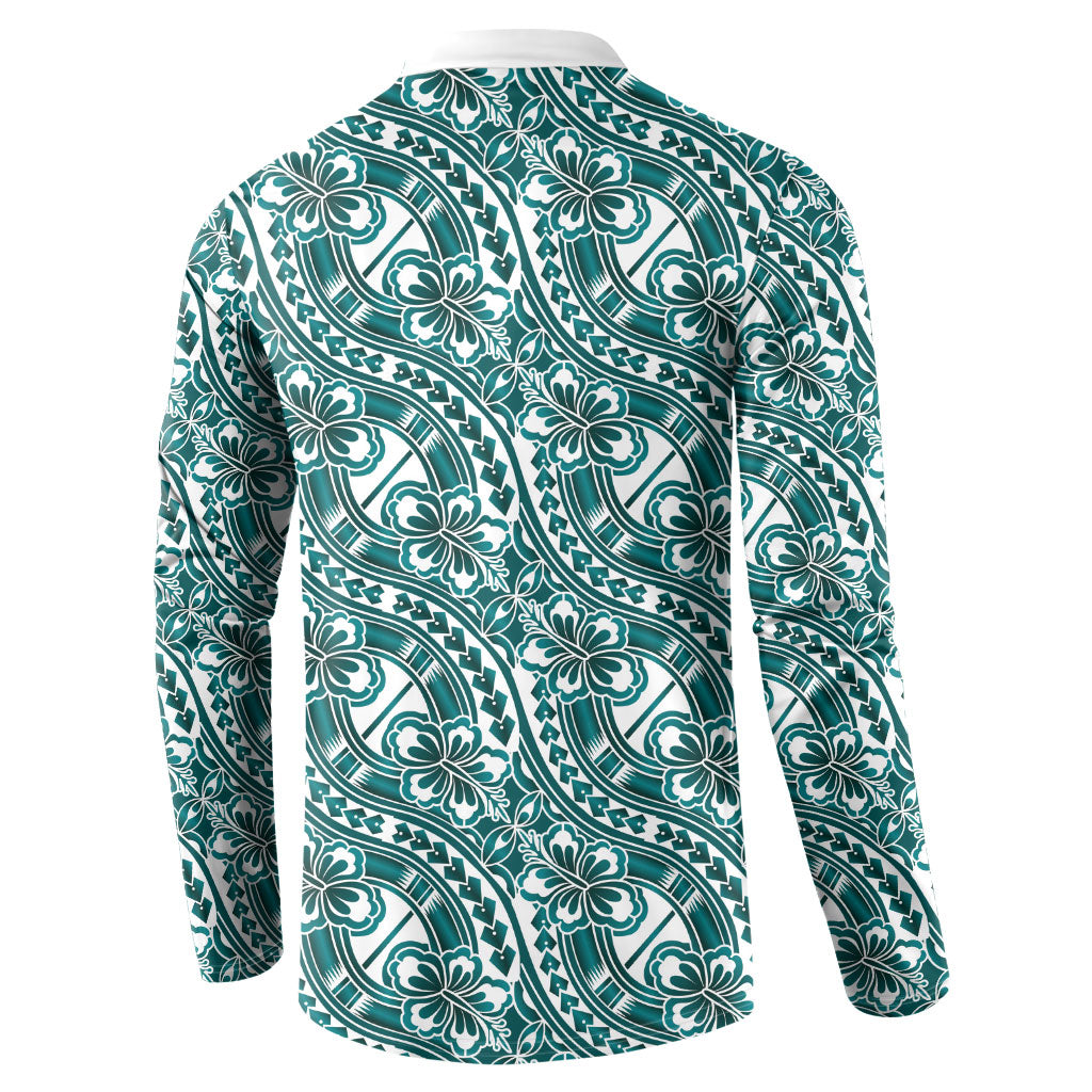 Hibiscus Bloom Island Tribal Waves Button Sweatshirt Teal Polynesian Pattern
