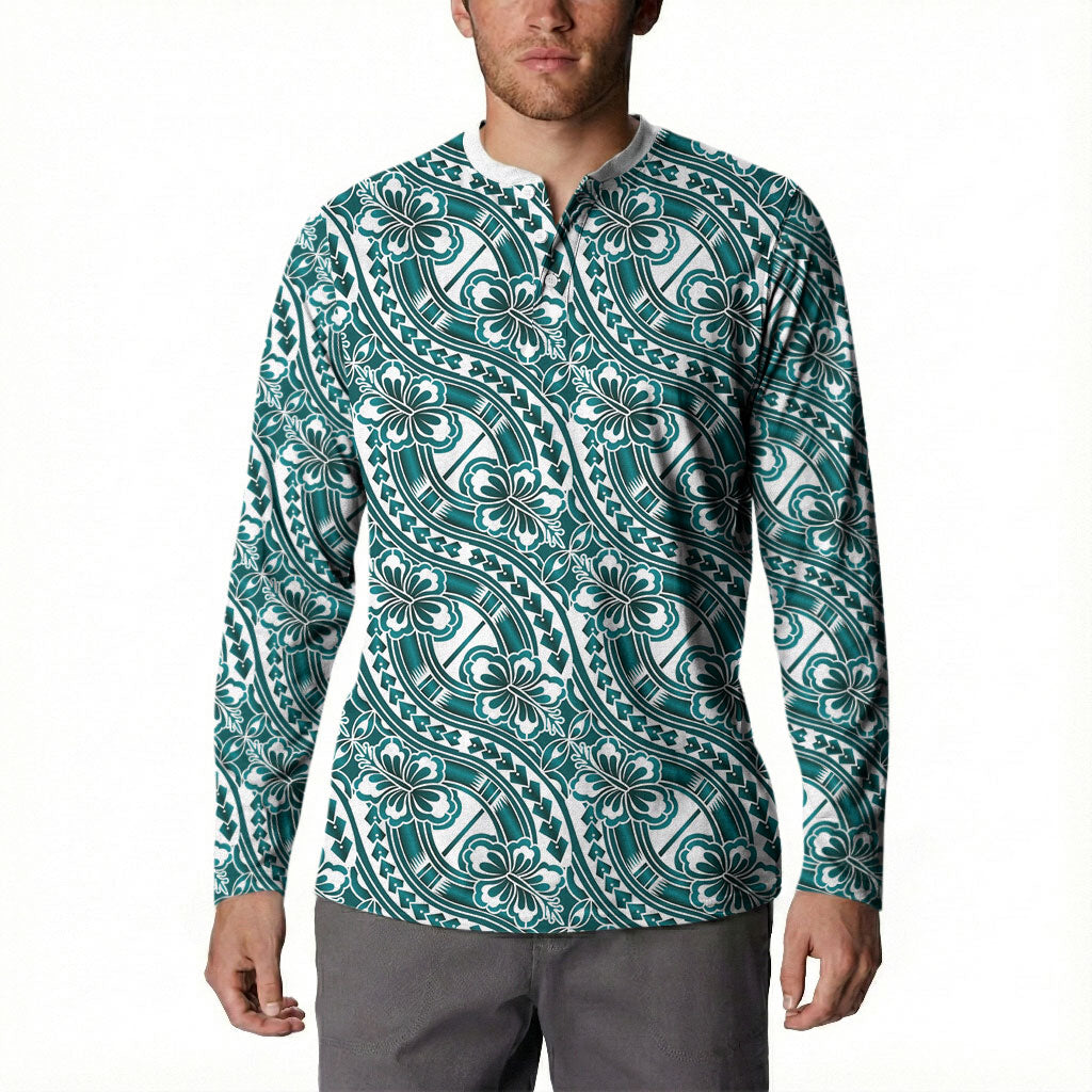 Hibiscus Bloom Island Tribal Waves Button Sweatshirt Teal Polynesian Pattern