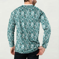 Hibiscus Bloom Island Tribal Waves Button Sweatshirt Teal Polynesian Pattern